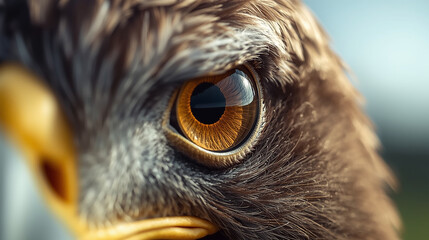 Eagle Eye Close Up. Extreme close-up photo of an eagle eye with a sharp yellow iris and dark pupil, detailed feathers surrounding the eye, natural sunlight reflecting on the eye surface, realistic wil
