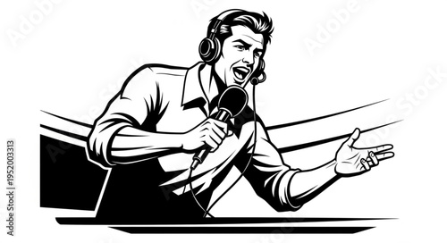 Energetic Sports Announcer Broadcasting Live with Microphone and Headset.