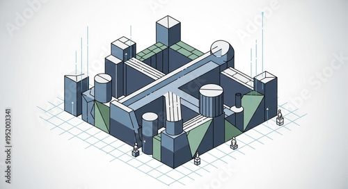 Isometric Architectural Model with Geometric Shapes and Cross Structure.