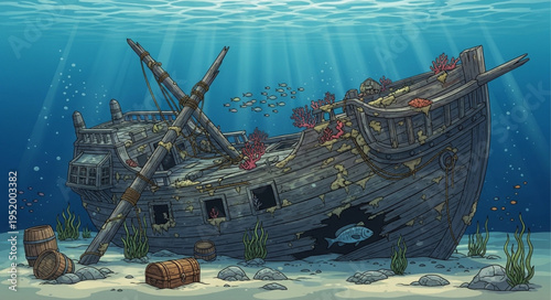 Sunken Shipwreck Resting on the Ocean Floor with Marine Life.