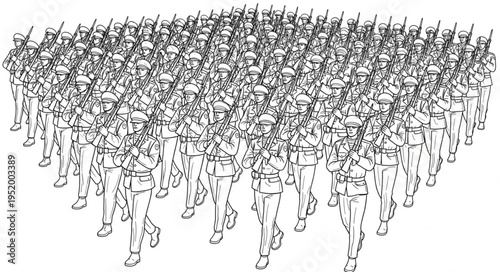 Marching Soldiers - A Detailed Line Art Depiction of a Military Parade.