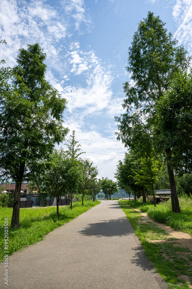 Fototapeta premium Paved park pathway and public restroom facility under a blue sky in South Korea