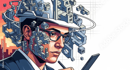 Man with city-themed mind, holding phone and pen, wearing glasses.