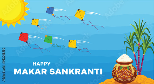 Makar Sankranti festival illustration, Indian celebration design, kite flying motif artwork, sugarcane decorative symbol, traditional food motif, cultural artwork, flat vector drawing