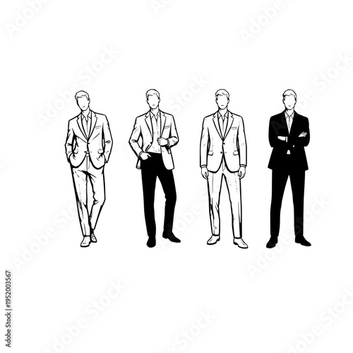 A collection of four diverse men dressed in formal business attire displayed in a line drawing style