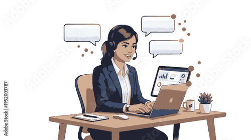 Customer support representative working on laptop with headset on providing service