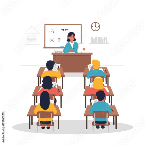 Teacher observes students taking a test in a classroom setting