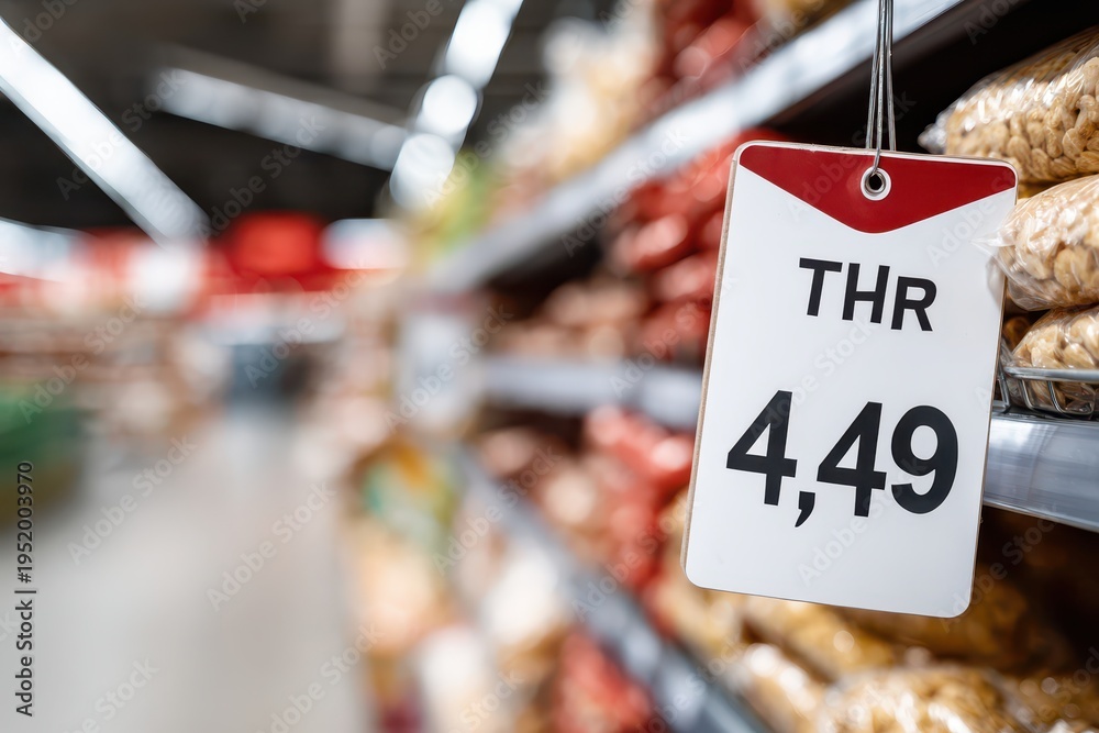 Obraz premium A close-up view of a price tag in a supermarket, displaying the price of nuts, focusing on the numbers and the supermarket aisle in the background.