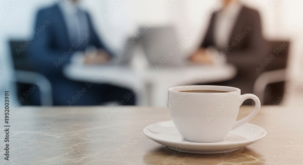Fototapeta premium Businessmen Working on Laptops with Cup of Coffee on Desk in Shallow Depth of Field Office Setting