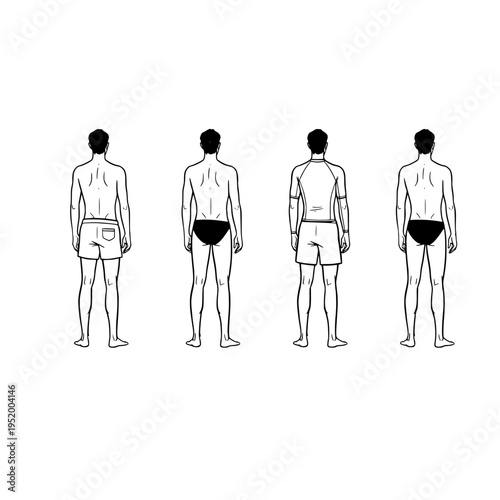 A collection of four male figures standing in a row wearing different styles of beach swimwear