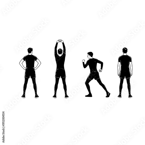 A sequence of four black and white illustrations showing a man performing basic warm up exercises