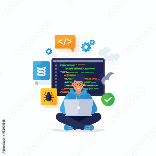 A coder works on a laptop surrounded by icons representing development