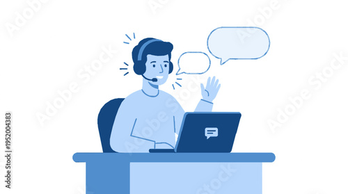 Customer service representative wearing headset working on laptop with speech bubbles