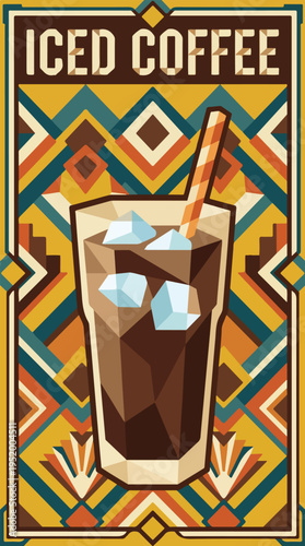 Iced coffee in tall glass with ice cubes and geometric background