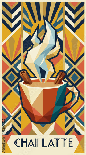 Chai latte cup with steam and cinnamon sticks on geometric poster
