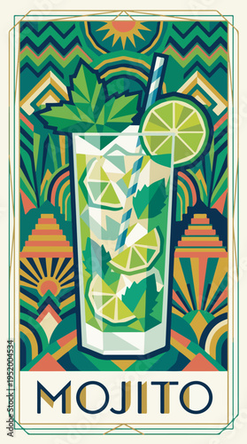 Mojito cocktail poster with lime slices and mint leaves