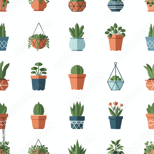 A vibrant flat-design pattern of assorted potted plants and hanging planters