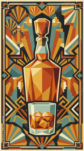 Whiskey decanter and rocks glass geometric poster illustration