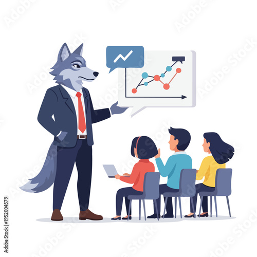Anthropomorphic wolf in suit presents graph to attentive audience