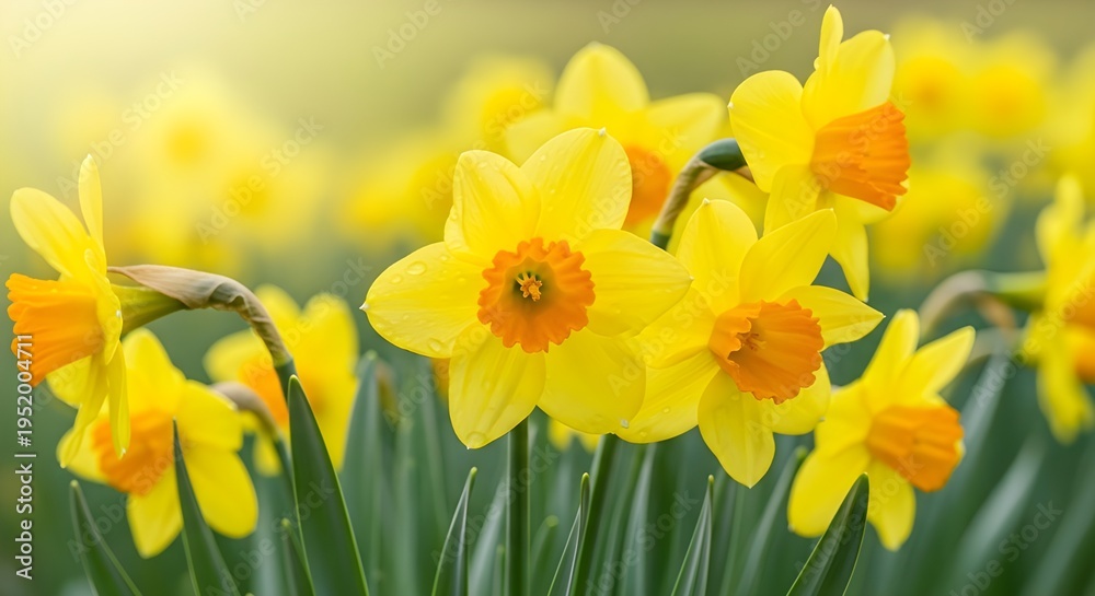 Fototapeta premium Vibrant Yellow Daffodils Blooming in Spring Sunshine, Close-up Macro of Narcissus Flowers with Green Leaves, Natural Beauty and Growth