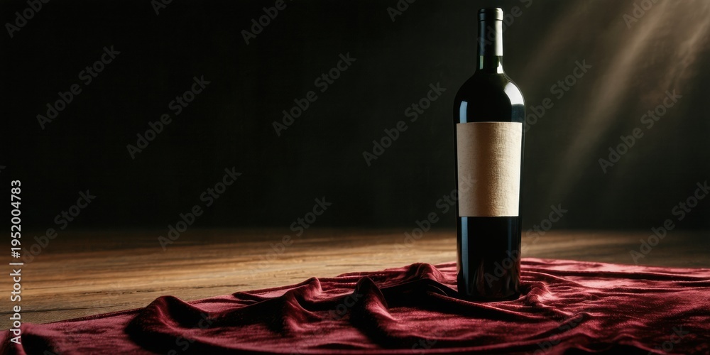 Fototapeta premium Dark wine bottle rests upon draped fabric. Dramatic lighting creates shadows, highlighting rich textures, elegant presentation.