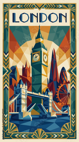 London travel poster with clock tower bridge ferris wheel and skyline