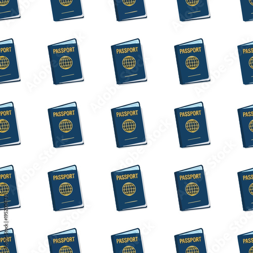 Endless repeating pattern of dark blue passports with gold globes
