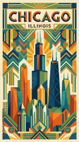 Chicago Illinois skyline art deco travel poster