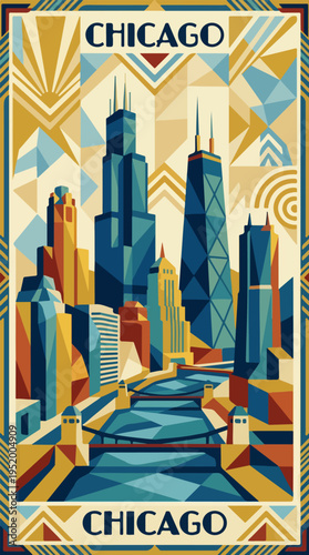 Chicago skyline and river art deco travel poster