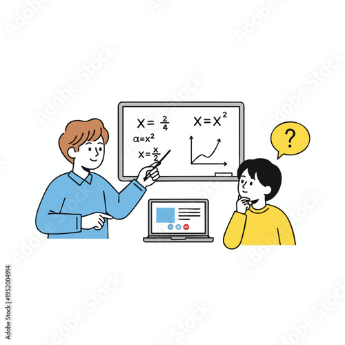 Teacher points at whiteboard equations to attentive student with question bubble