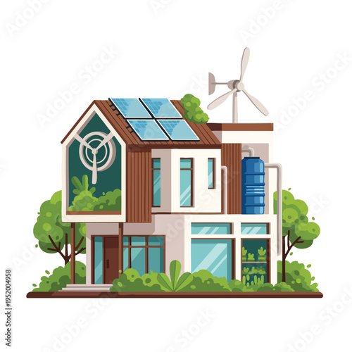 Eco-friendly house with solar panels, wind turbine, and water tank