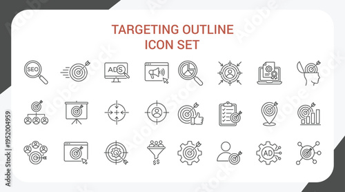 Targeting outline icon set featuring SEO, digital advertising, audience segmentation, analytics, conversion goals and marketing strategy in editable stroke line style