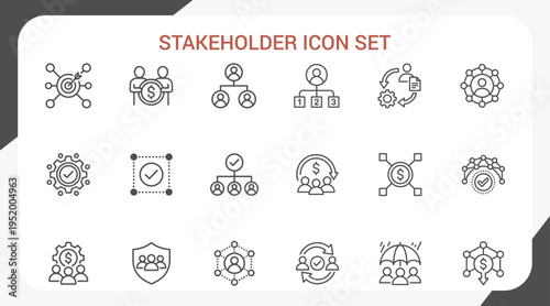 Outline stakeholder icon set for business governance, collaboration, engagement, decision making, partnerships, management systems, editable stroke, minimal modern line style.