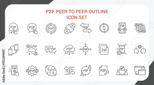 P2P peer to peer outline icon set featuring digital payment, decentralized network, online transaction, money transfer, fintech technology