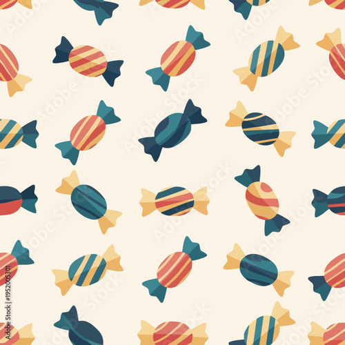 Pattern of striped candies in red, yellow, and teal on a cream background