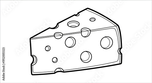 Swiss cheese wedge illustration, simple line art, isolated on white