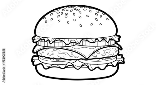 Black and white illustration of a layered hamburger with sesame seed bun