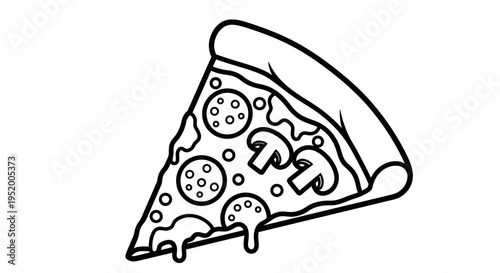 Black and white slice of pepperoni and mushroom pizza, simple line drawing