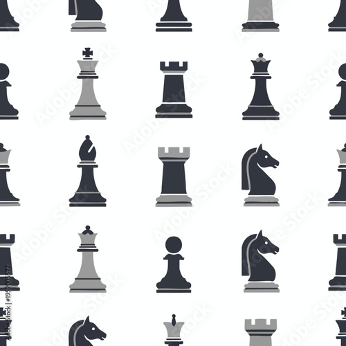 Repeating pattern of simplified black and grey chess pieces on a white background