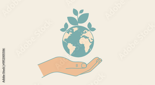 Illustration of hand holding a globe with plants growing from it, symbolizing environmental care and sustainability