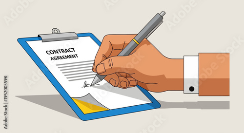 Signing a contract agreement with a pen on a clipboard, illustrating the concept of business deal finalization and legal documentation