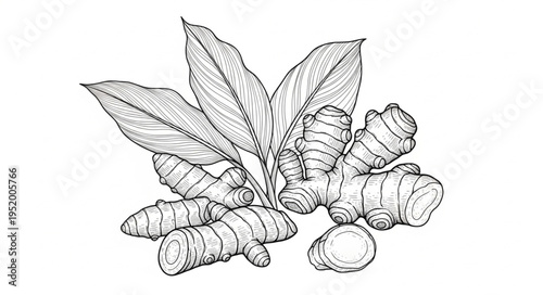 Detailed Line Art Illustration of Ginger Rhizomes and Leaves.