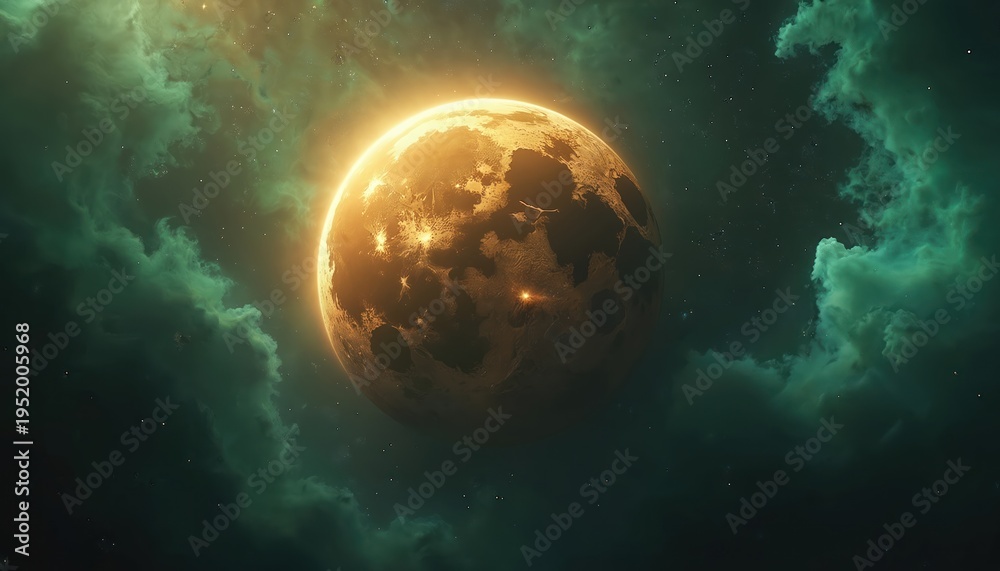 Fototapeta premium Glowing golden planet in colorful nebula with stars and gas clouds. This cosmic scene evokes wonder and mystery of deep space exploration and fantasy worlds.