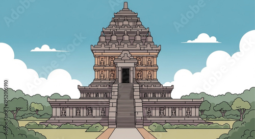 Detailed Illustration of a Multi-Tiered Asian Temple Structure.