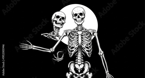 Two skeletons standing together in the darkness, a macabre dance.