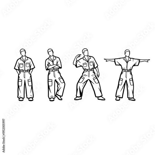 A black and white line art illustration showing four men in different poses wearing work jumpsuits