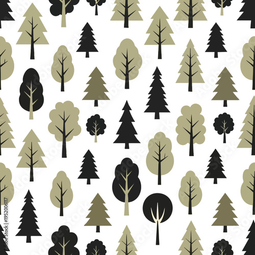 A minimalist pattern of dark and olive green trees on a white background