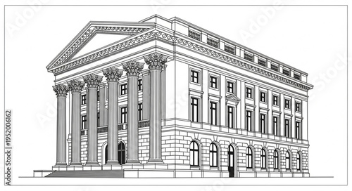 Detailed Architectural Illustration of a Grand Classical Building Facade.