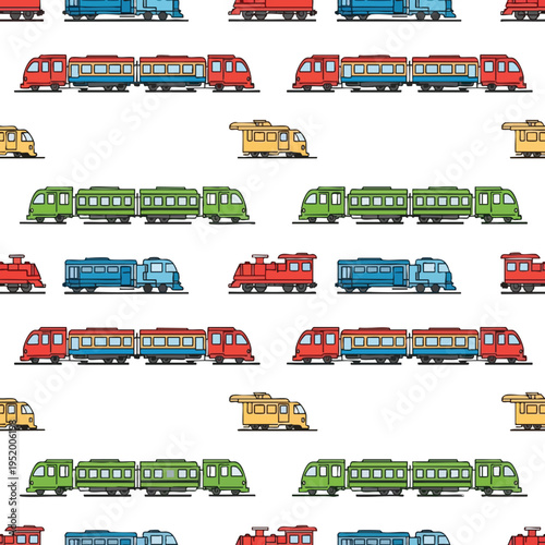 A whimsical pattern of various colored toy trains and tram cars on white background
