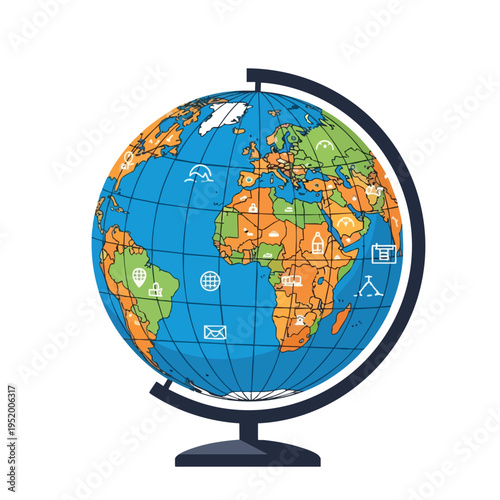 A colorful globe showing continents with various icons on a stand